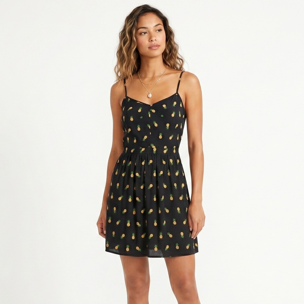 J. Crew Pineapple Print Fit and Flare Mini Dress Navy Blue Pockets Summer Size 6
